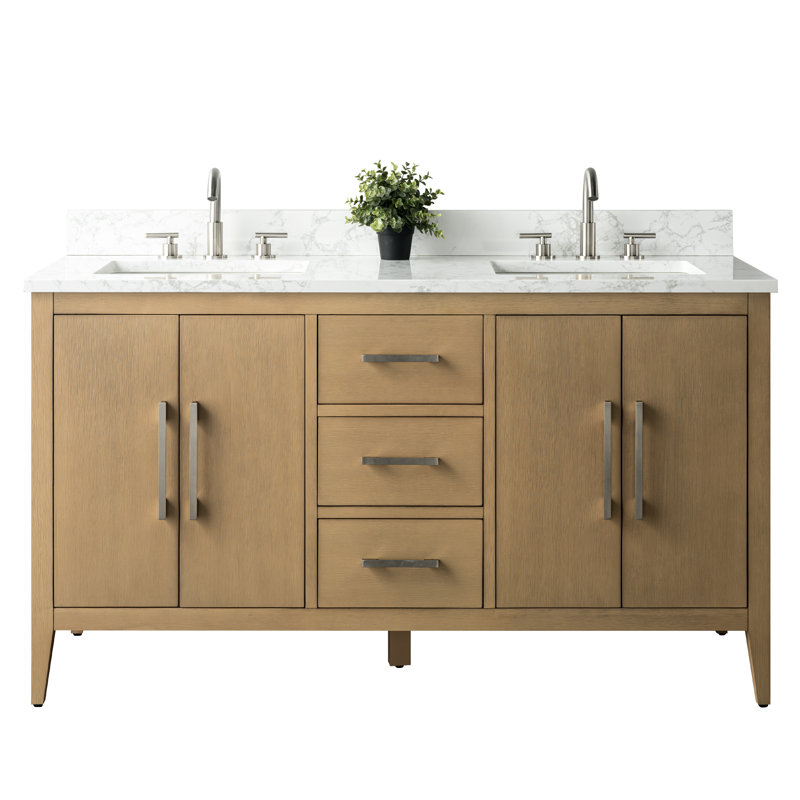 Ensemble de meuble-lavabo double 60 po, Chêne naturel, Nickel brossé