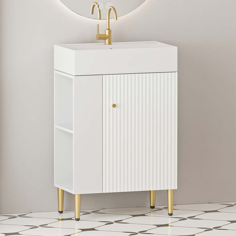 Bathroom Vanity with Ceramic Sink and Open Shelf on the Left Side, White