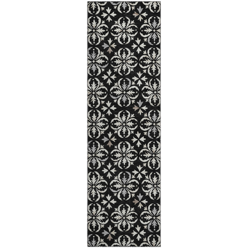 Premium Machine Washable Prisco Black Rug, Runner 2'3" x 7'6"