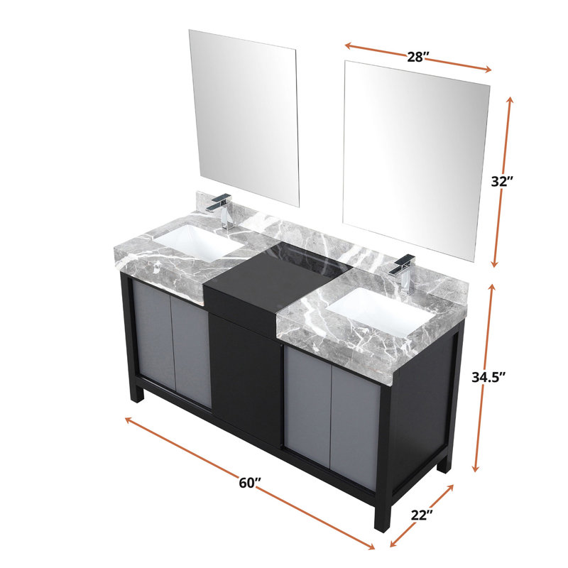 Meuble-lavabo double 60 po En noir et gris, plateau en marbre, robinet, 28 miroirs - teint et aspect gris, marbre gris, à rayures