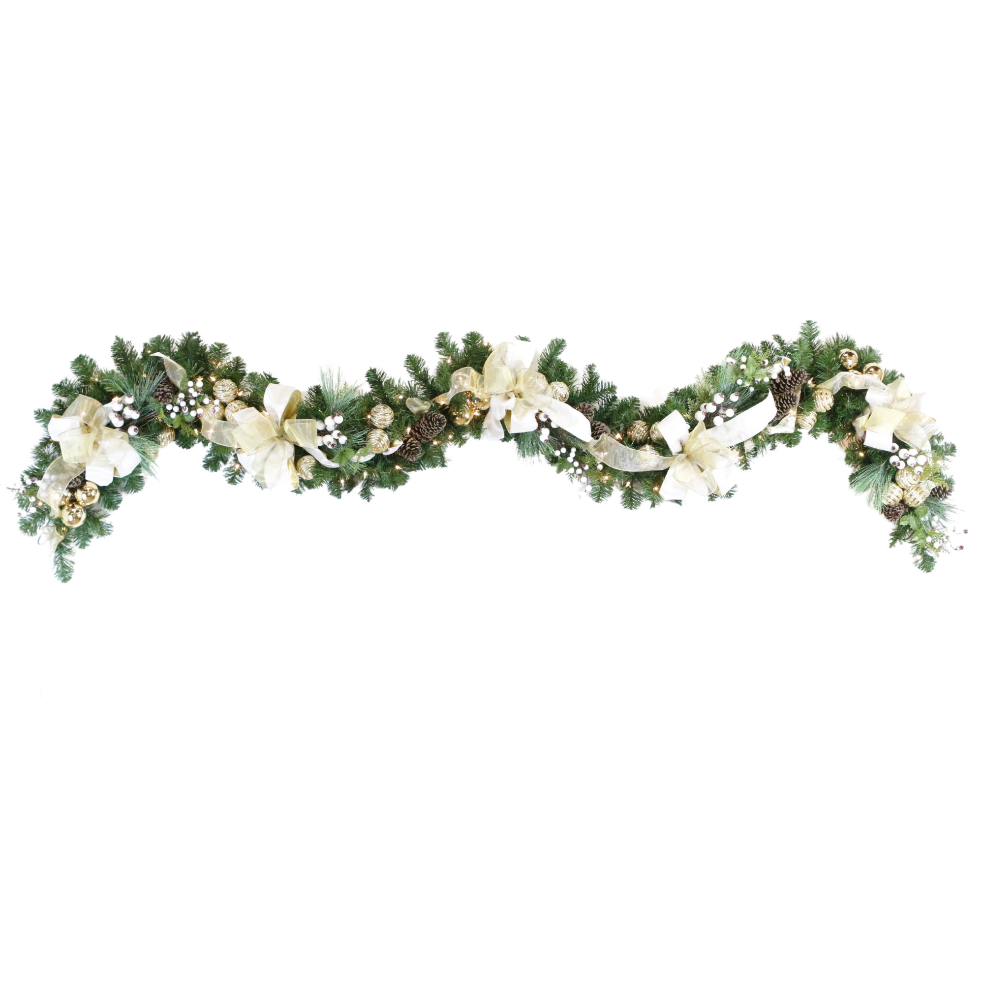 The Holiday Aisle® Jolett Holiday 9' Garland with Cream ribbon and Gold Ornaments & Reviews | Wayfair