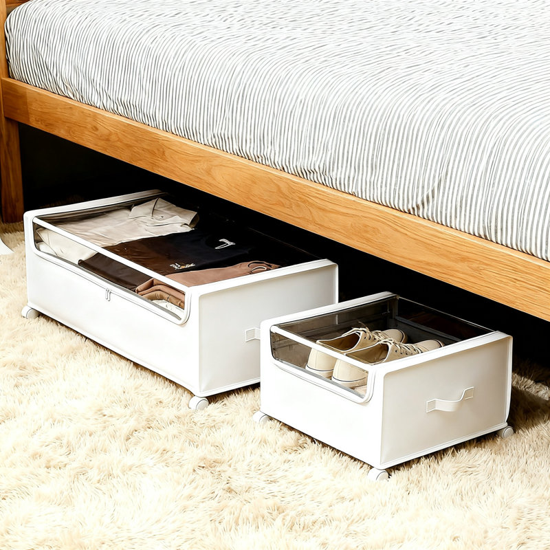 Rolling Under Bed Storage with Wheels and Metal Frame, Heavy-Duty Shoe and Clothes Storage with Clear Lid, 2Pack (White)