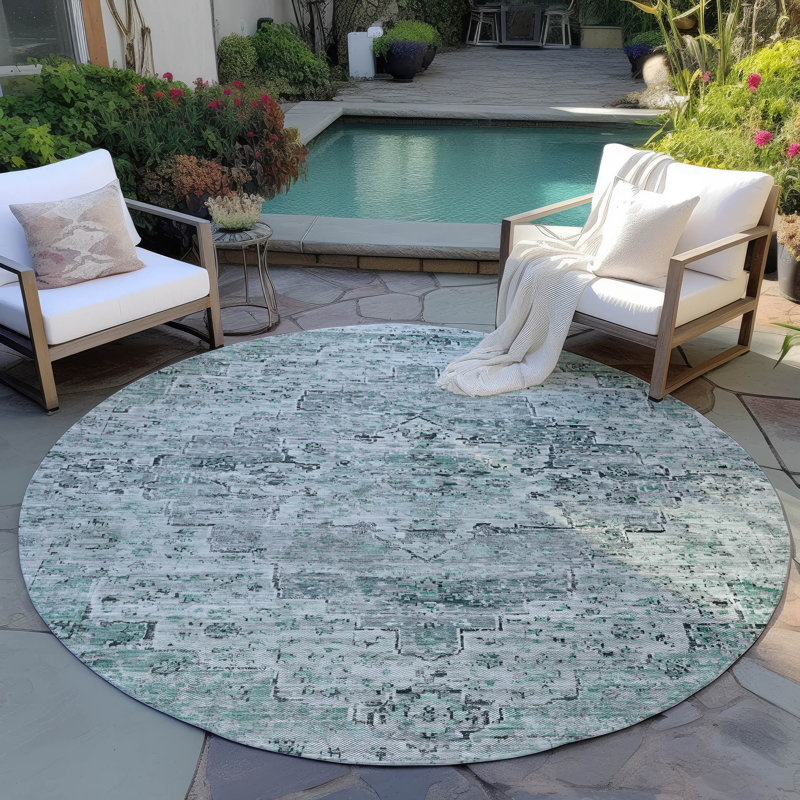 Machine Washable Indoor/Outdoor Xhevrie Teal Rug, Round 8'