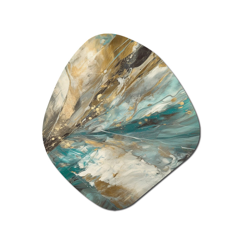 Golden Hour in Turquoise Waves II - Art mural asymétrique abstrait - Forme nébuleuse, H 28 po x l 25 po