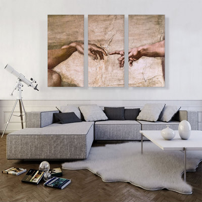 Sistine Chapel Ceiling God and Adam Hands Detail by Michelangelo - 3 Piece Wrapped Canvas Painting Print Set