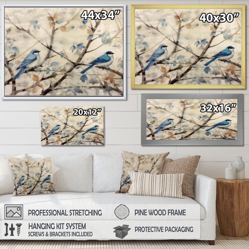 Bluebird Serenade, peinture à l'eau rétro I - oiseau, art mural, H 34 po x l 44 po x P 1,5 po, Cadre flottant noir