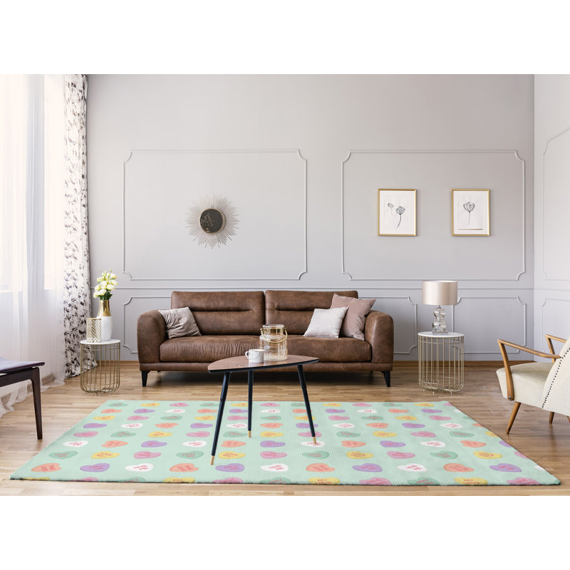 Tapis vert/rose/zone jaune fait main, Rectangle 9 pi x 12 pi