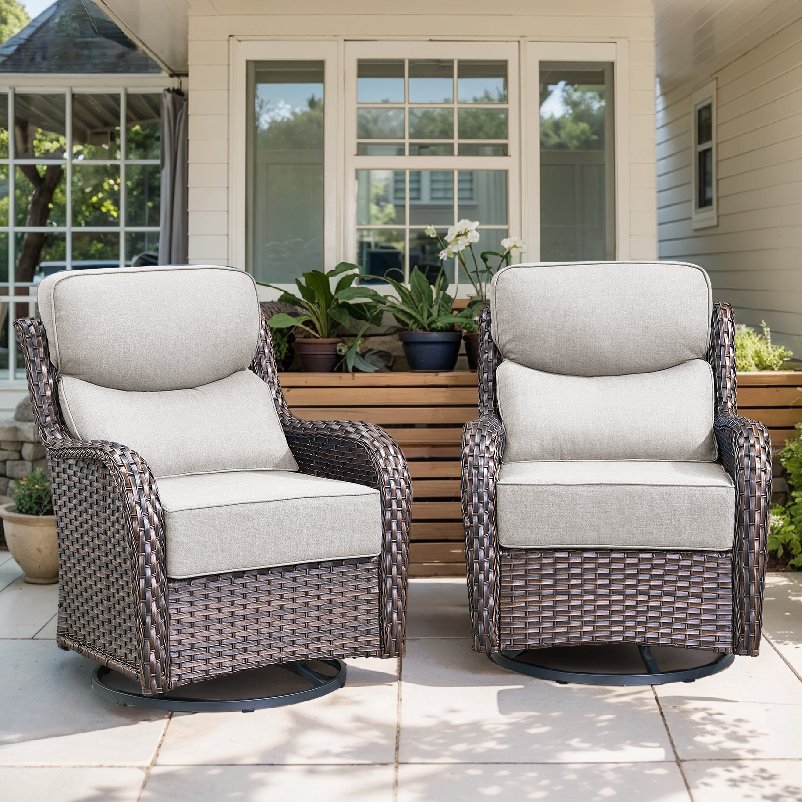 Red Barrel Studio Deb 2-Piece Outdoor Wicker Swivel Rocker Chairs with ...