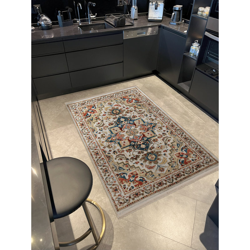 Tapis décoratif multicolore à motif floral et à franges, Tapis de couloir 3 pi 3,37 po x 9 pi 10,11 po