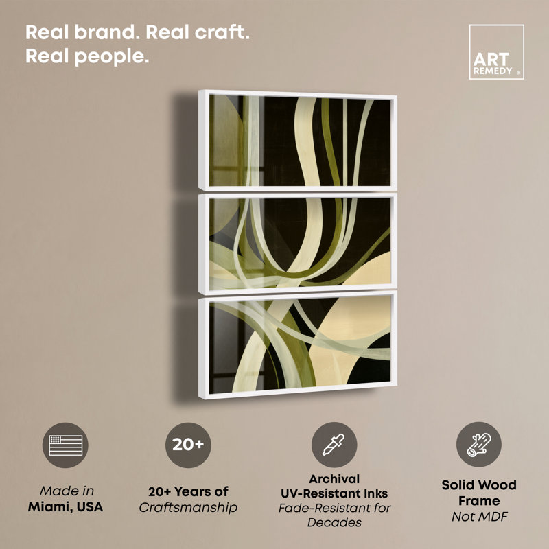 Ensemble d'art mural bohème moderne Olive Ribbons I Shadowbox Print par Art Remedy, cadre blanc, 44 x 22, 23.5"H x 45.5"W