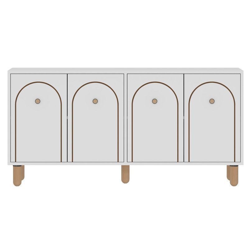 Modern White Console Table with Wall-Mount Capability, 59.1 x 28.7 x 14.2 inches | 100% Melamine Coated Particle Board, Thickness: 0.7 inches | Wooden Legs & Multiple Shelves, Stylish Geometric Design for Home & Office