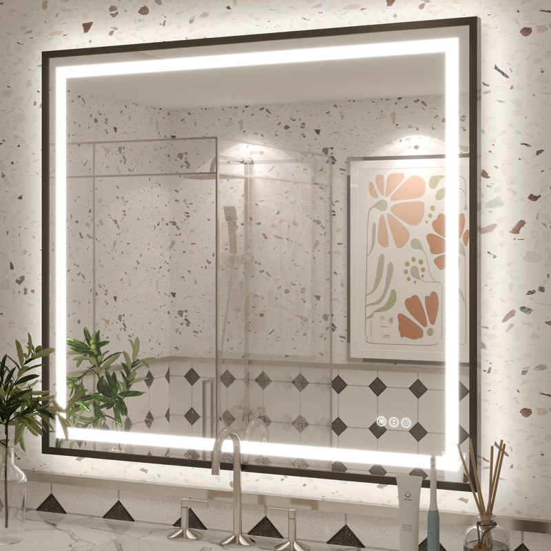 Molly Framelss or Framed LED Anti-Fog Tempered Glass Wall Bathroom Vanity Mirror - UL Certified, 40" x 36", Black