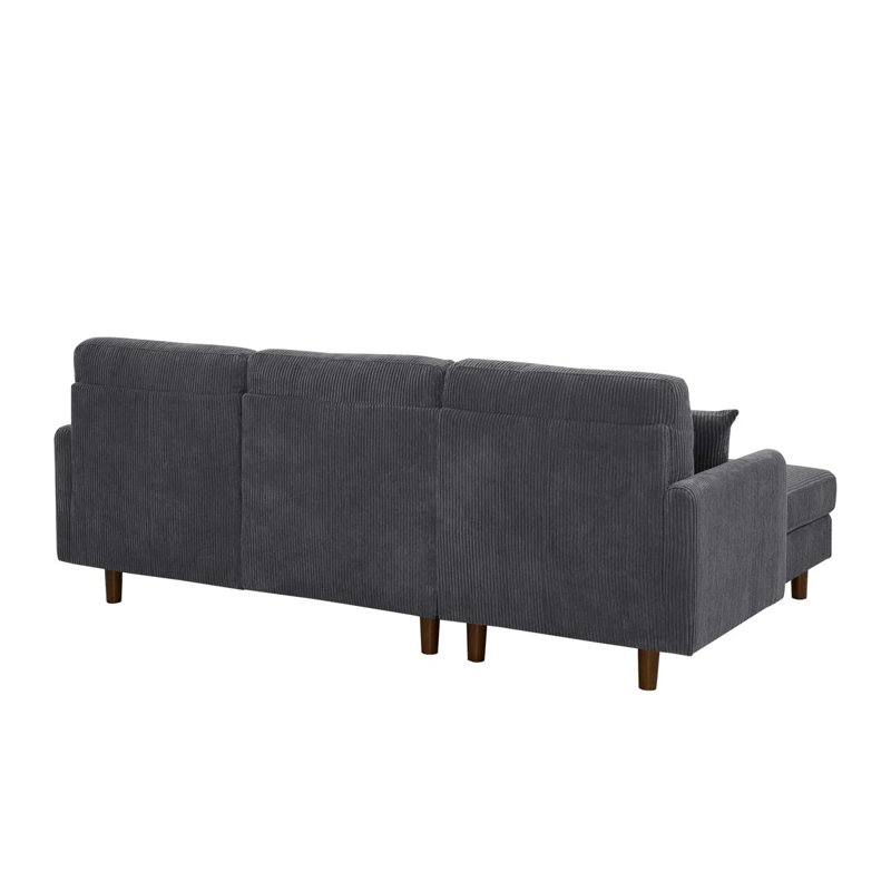 Corduroy Upholstered Sectional With Wooden Legs & Toss Pillows, Dark Gray Corduroy