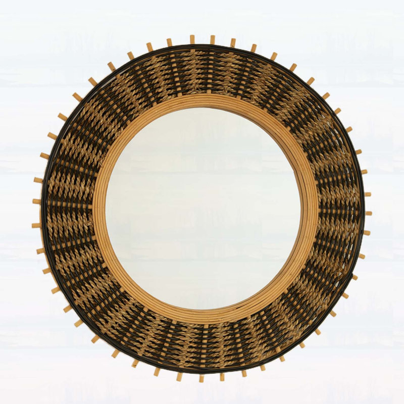 Miroir mural rond 23 po en bambou avec cordes en chanvre jaune clair et noir