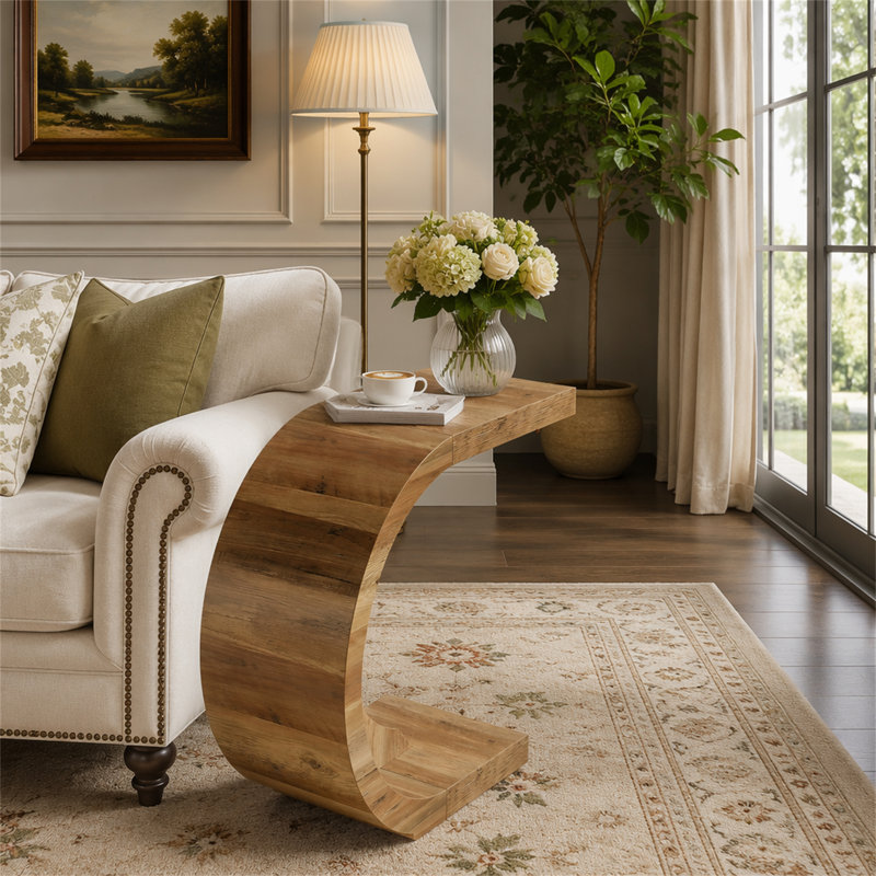 Table de bout en C, table d'appoint en bois, Brun rustique, Brun rustique, Brun rustique