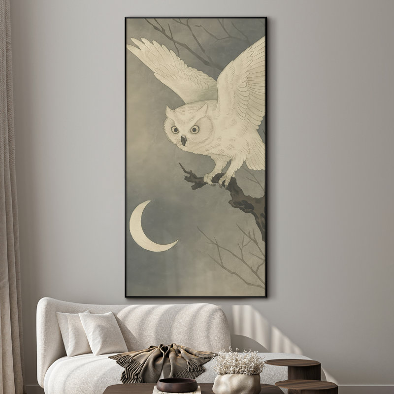 «Snowy White Owl and Crescent Moon Night», reproduction d'art sur toile encadrée - Très grand art mural encadré (assemblage requis)