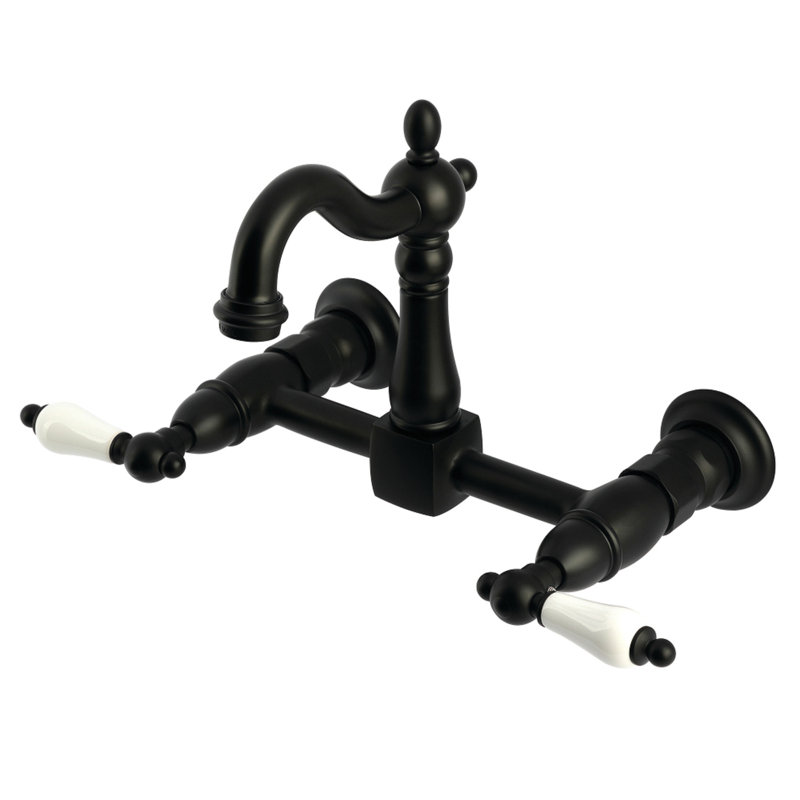 Kingston Brass Heritage Double-Handle 2-Hole Wall-Mount Bridge Kitchen Faucet, Matte Black