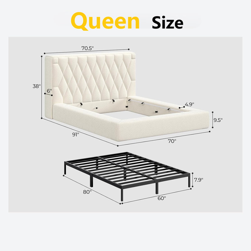 Structure de lit tapissier grand avec tête de lit 5,9 po, lit plateforme entièrement rembourré, coins arrondis doux et silencieux pour la chambre principale / chambre d'amis, assemblage facile en 15 minutes, crème
