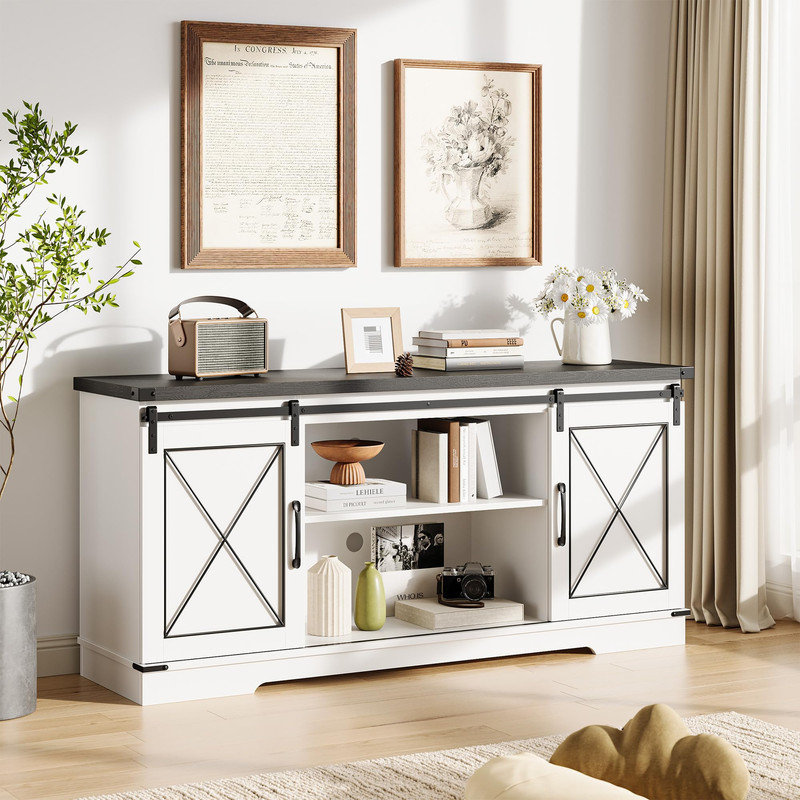 59" Farmhouse TV Stand for Televisions Up to 65" TVs, Entertainment Center with Sliding Barn Doors and Storage Cabinets, Modern TV Console Table, Media Furniture for Living Room, Bedroom