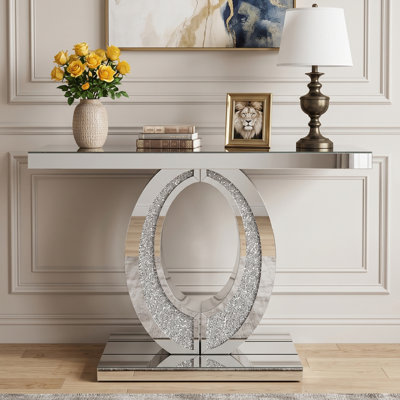 Console Modern Glam de 39,4 po de largeur avec base en forme de O géométrique en diamant écrasé, argent