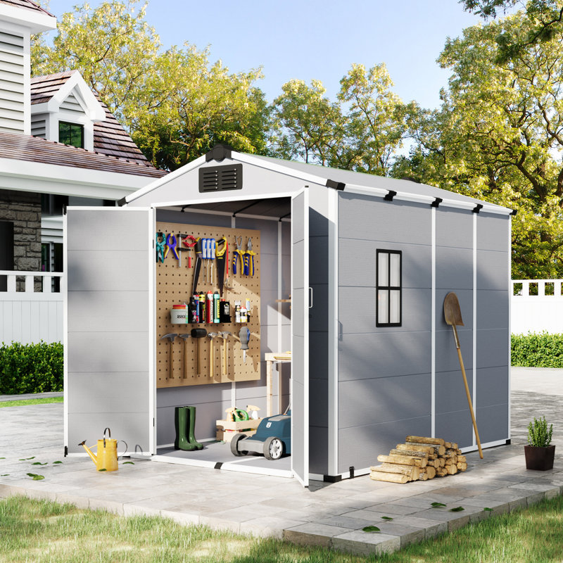 Outdoor Storage Shed, Resin Garden Tool Shed with Lockable Double Doors, Built-In Floor & Weather-Resistant Sloped Roof for Backyard Storage, Pool Supply