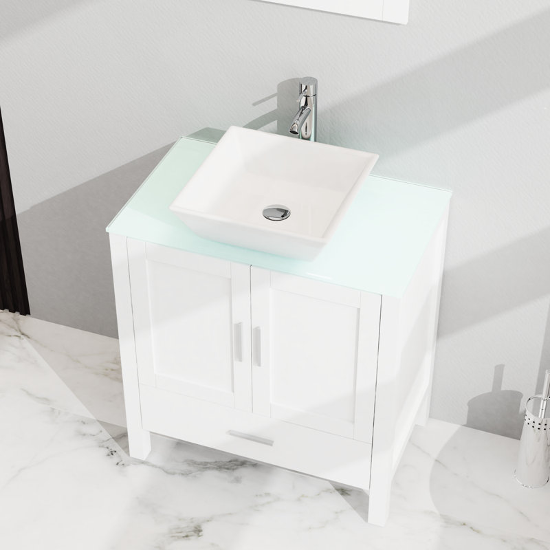 Bathroom Vanity And Sink In White. Cabinet With Glass Countertop. 18.5*30*31.5 Inch. 2 Doors, 1 Drawer. Sufficient Storage. Construction. Silent Drawer Movement. Luminous 30" White Counter. Cabinet.