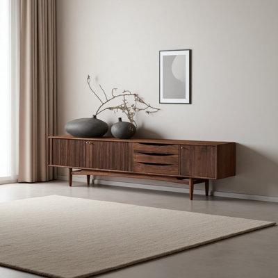 A walnut-colored TV Stand with hidden sliding pane