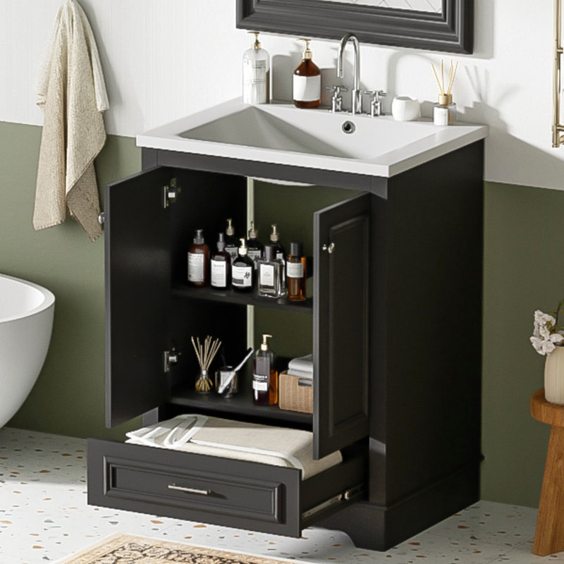 24'' Bathroom Vanity With Ceramic Sink Combo, Modern Freestanding Storage Cabinet  With Silver Handles,  Soft Closing Doors