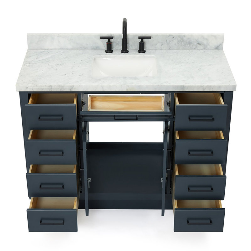Tidworth 48'' Solid Wood Single Bathroom Vanity with 1.5'' Carrara Marble Top Sink, Midnight Blue, Rectangular