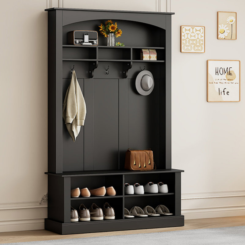 Arbre d'entrée de 47,2 po de largeur avec banc et rangement pour chaussures, rangement multifonctionnel pour hall d'entrée avec 3 crochets, tablettes ouvertes et compartiments réglables