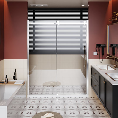 Single Sliding Shower Door 72 In H 60 W With Stainless Steel Handle, 1/4 Inch Thick Clear Tempered Glass, Aluminum Alloy Rail - Reversible Installation, Structure Zinc Roller Rail, Glass Reversible,