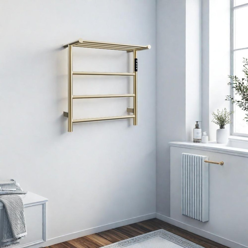 Wall Mounted Electric Towel Warmer with Top Shelf, Brushed Gold