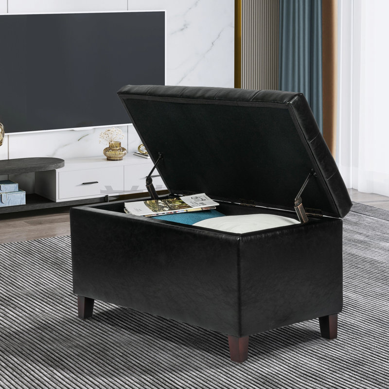 Michale Faux Leather Ottoman, Black Faux Leather, Espresso Wood