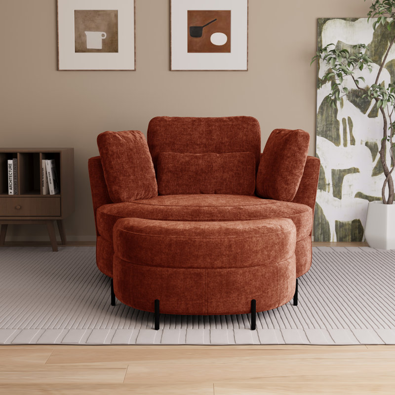 49.6" W Oversized Modern Swivel Accent Chair With Pillows And Ottoman, Terracotta