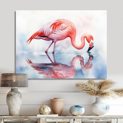 Flamant rose reflets au bord du lac II - flamant rose, art mural