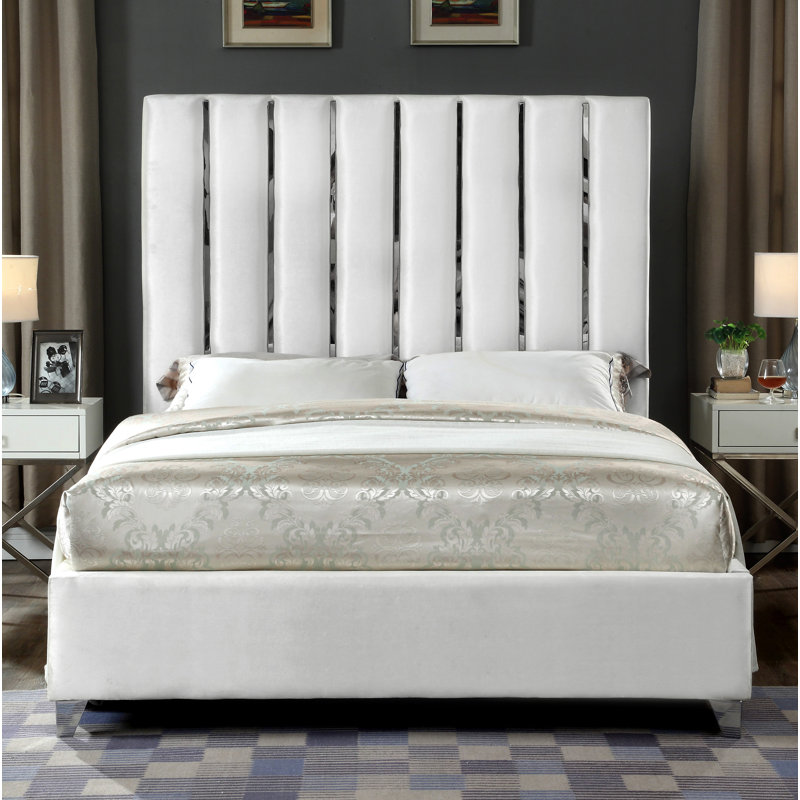 Lit plateforme tapissier capitonné Dietrich, Double, Velours blanc
