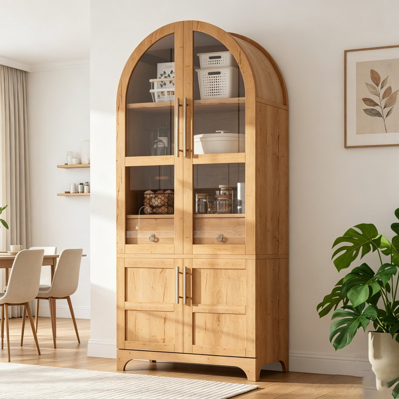 Grand garde-manger arqué avec tablettes réglables, tiroir caché et porte vitrée pour un rangement élégant, Naturel