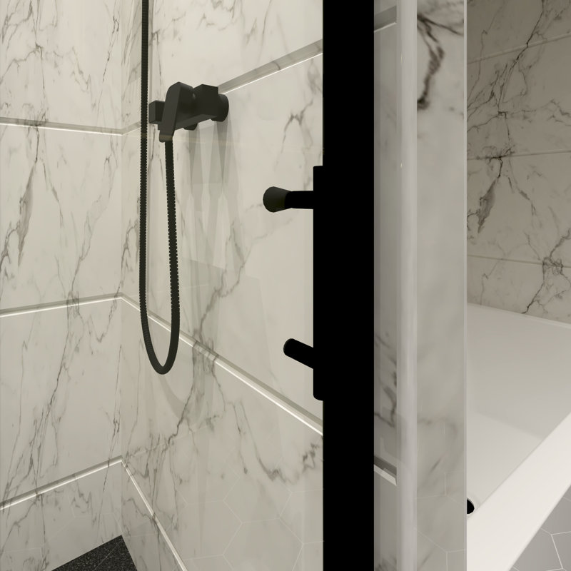 Portes de douche noires mates avec rail supérieur en aluminium, poignée en acier inoxydable 304, verre traité nano, film, système coulissant continu avec construction de rail, fonction sans couture