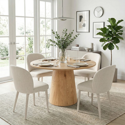 Ensemble de table de salle à manger ronde moderne avec chaises rembourrées, ensemble de table de cuisine à piédestal aspect bois pour 4