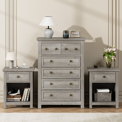 Ensemble de chambre à coucher 3 pièces - Commode à 6 tiroirs et deux tables de chevet à 1 tiroir, gris
