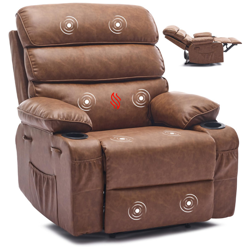 Fauteuil inclinable ergonomique en cuir PU avec massage et chauffage, dossier et repose-pieds réglables, pour adultes et enfants.