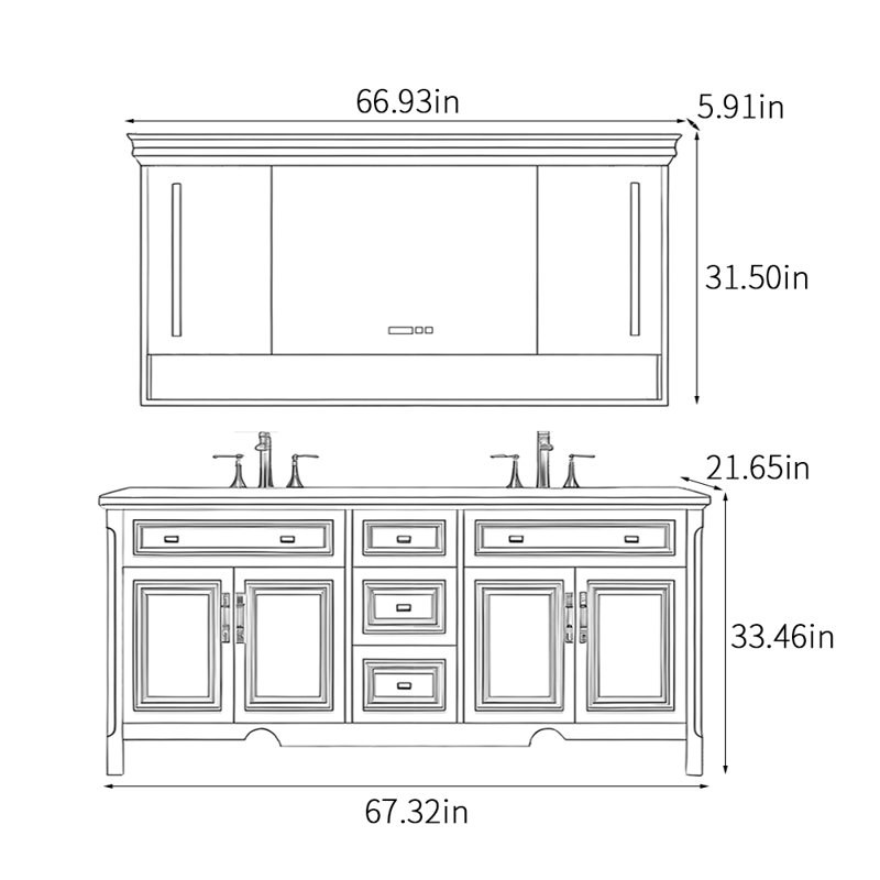 Armoire de salle de bain intelligente de style américain, 67", Noir