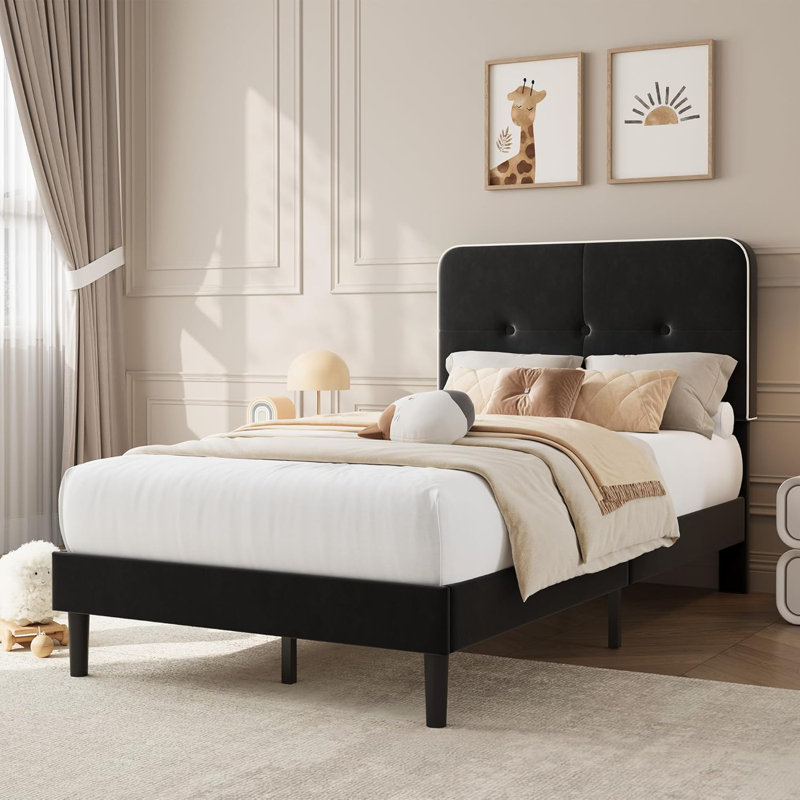 Structure de lit simple tapissier avec tête de lit ajustable, Lit simple, Flanelle noire + bordure blanche