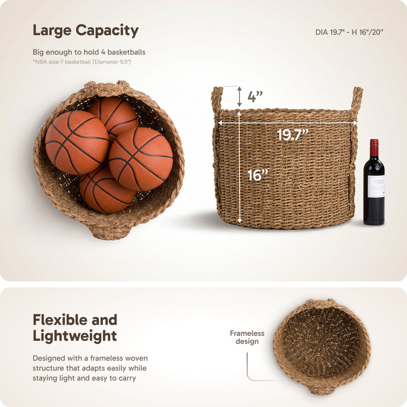 Panier de rangement en jonc naturel tissé à la main avec poignées tressées