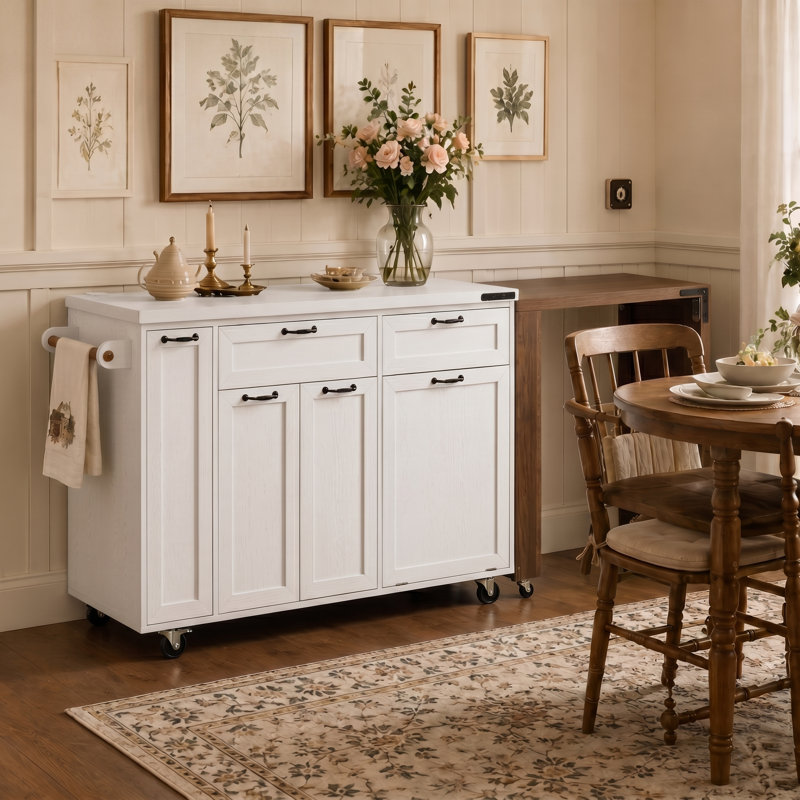 Îlot de cuisine de 102 po avec table de salle à manger et armoire de rangement pour déchets, White