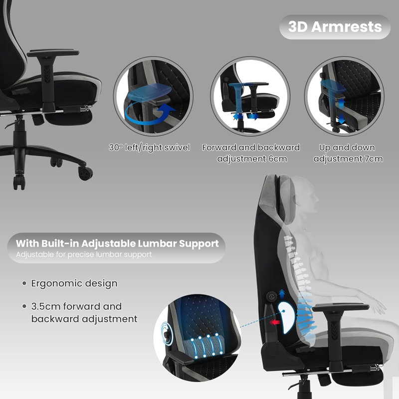 Inbox Zero Adjustable Reclining Ergonomic Swiveling PC & Racing Game Chair, Black/Grey