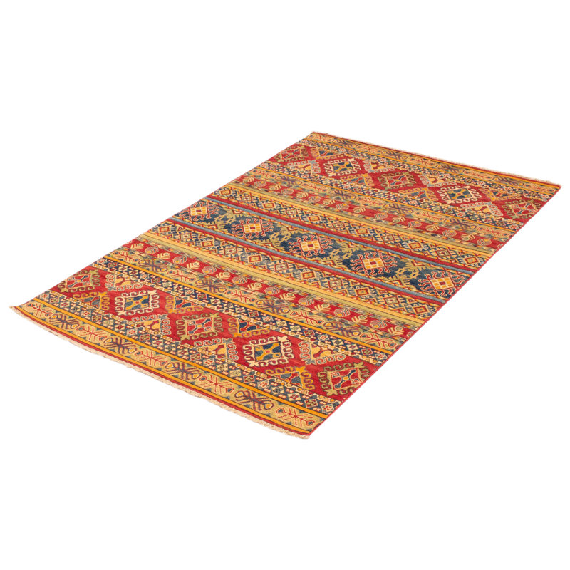 Tapis rouge en laine noué à la main de conception unique 5 pi x 7 pi 8 po New Age