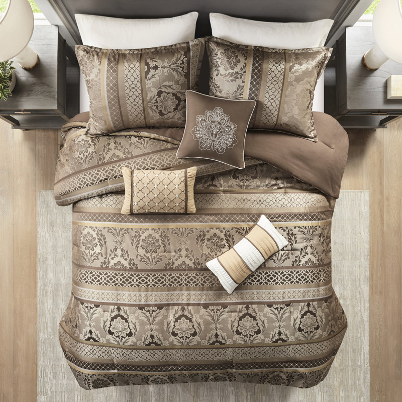 Édredon 7 pièces pour très grand lit - brun / or, touche confort luxueux