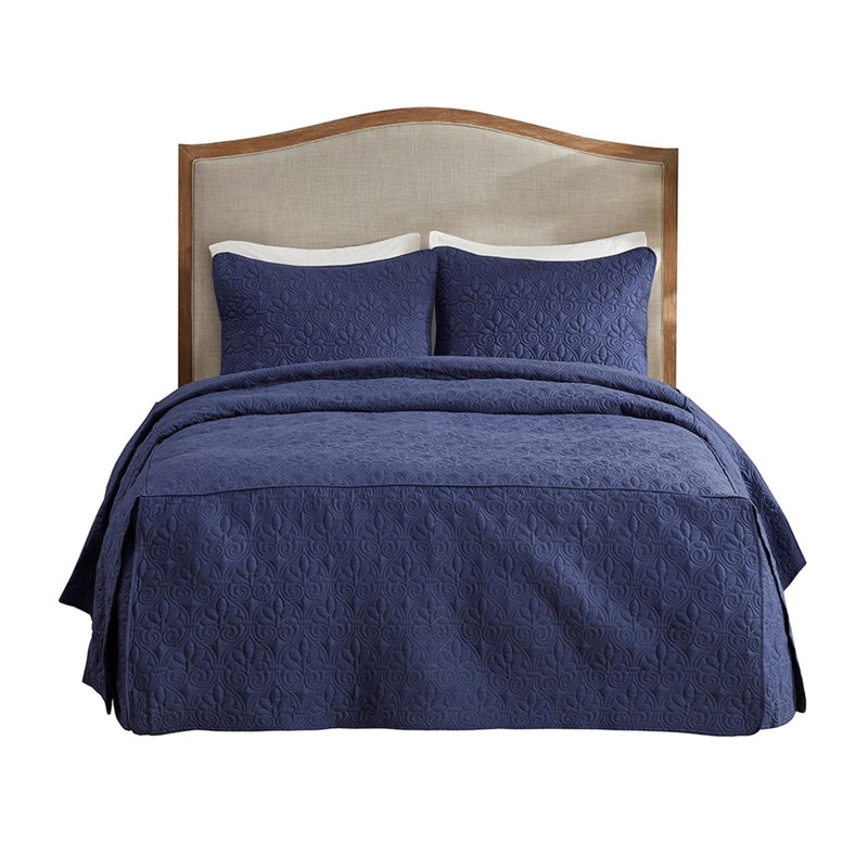 3 Piece Split Corner Bedspread Navy Queen - Long-lasting, 100% , Machine Washable Linen Soft Pleated Corners, Secure Filling, Bedding