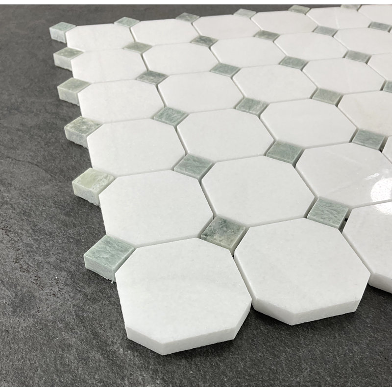 Thassos White Octagon and Green Dot Wall & Floor Mosaic Tile